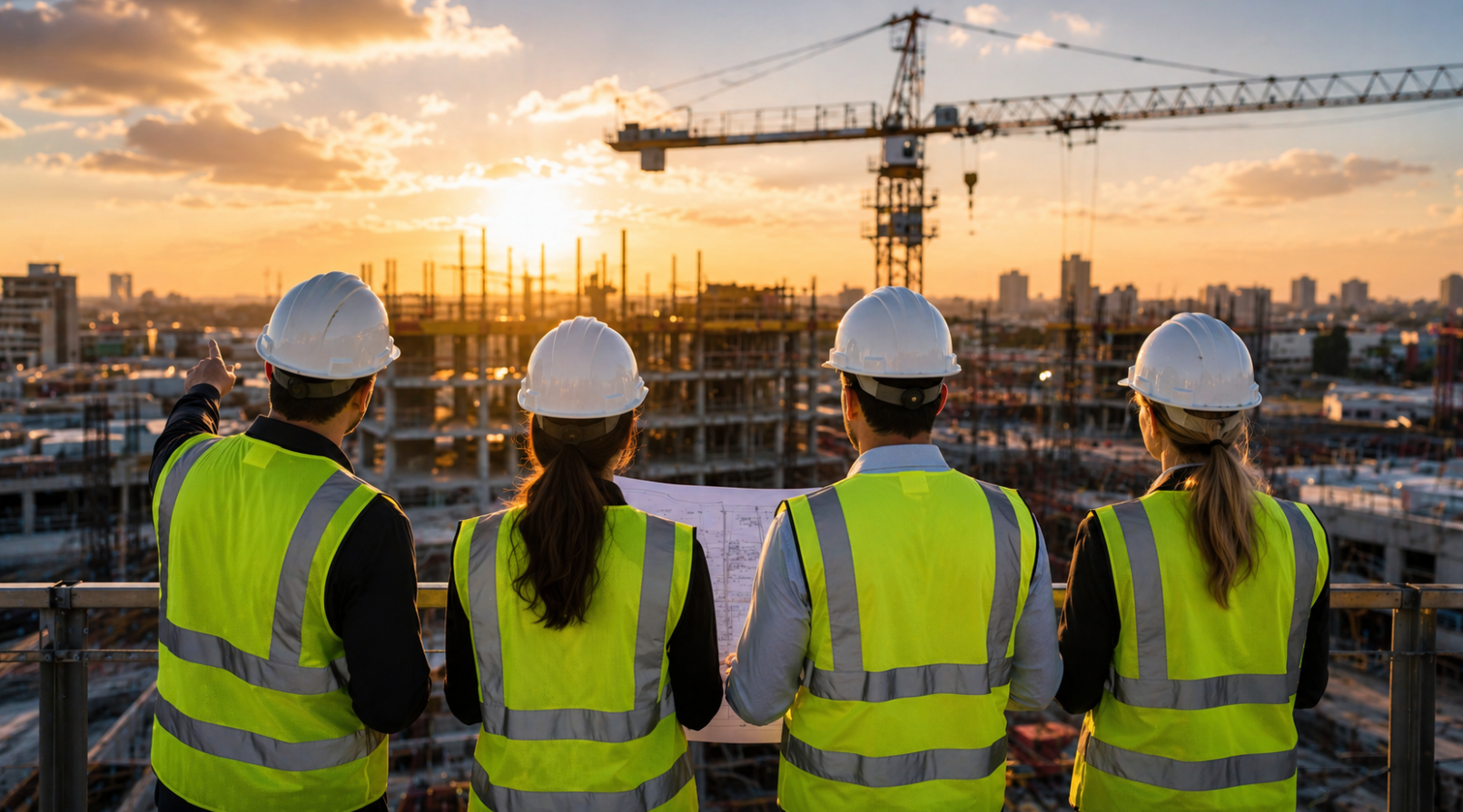 Four construction workers in safety vests and helmets look at a construction site during sunset, with cranes and buildings in the background.