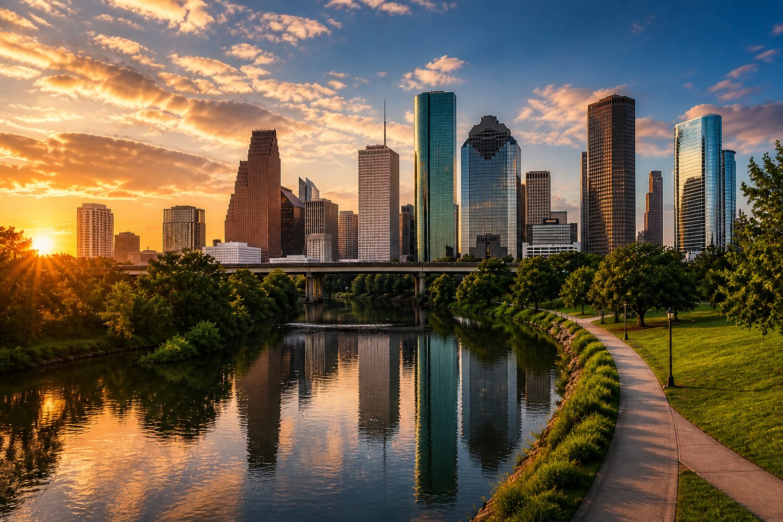Sunset over a city skyline with modern skyscrapers reflected in a river, a park with trees and a walking path in the foreground.