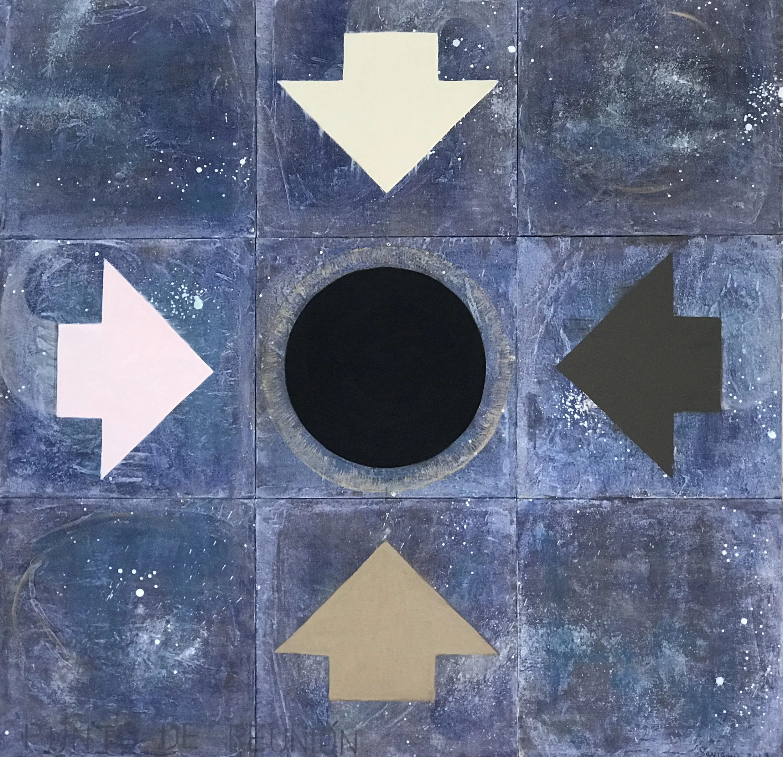 Celestial Punto de Reunion (2020) 36x36 in., acrylic, glaze and pencil on canvas board