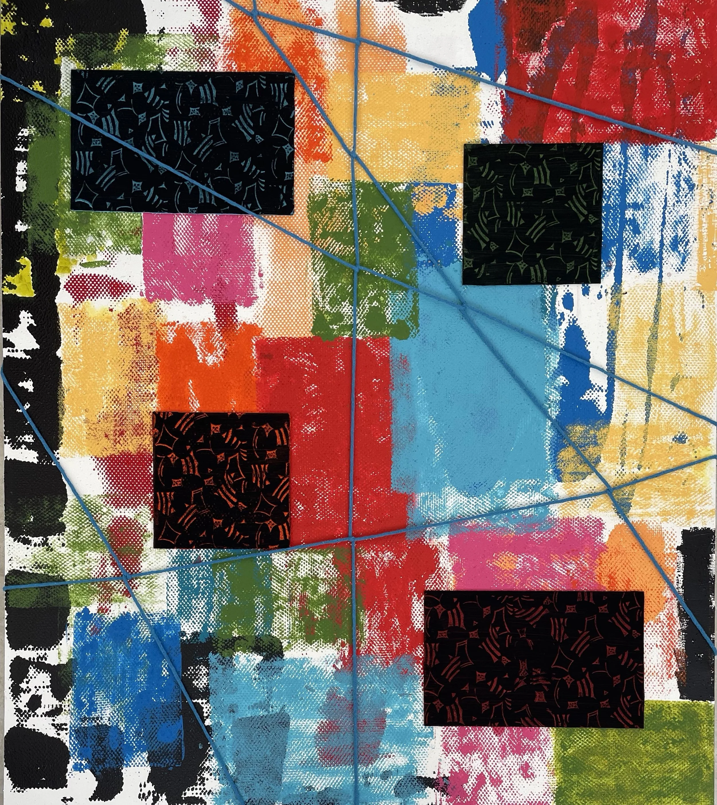 Papel Picado No.7 (2021) 150x 130 cm., acrylic, sand, linen,glue, board and dyed cotton cord on canvas