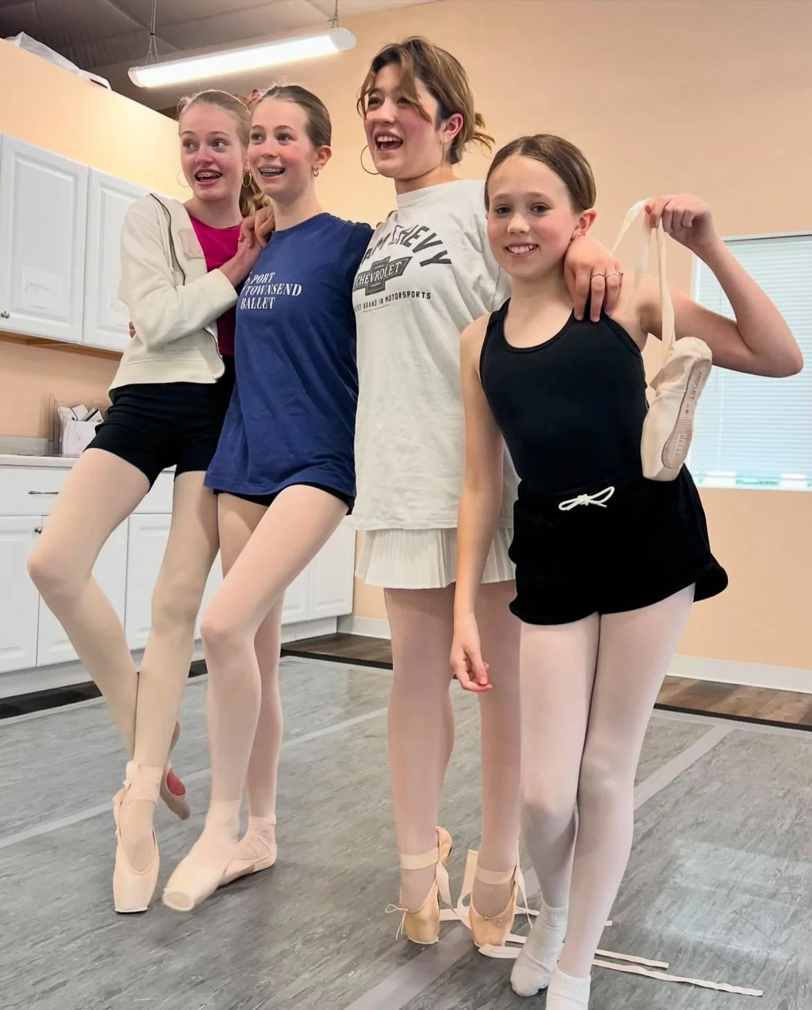 Senior level dancers at Port Townsend Ballet sew pointe shoes