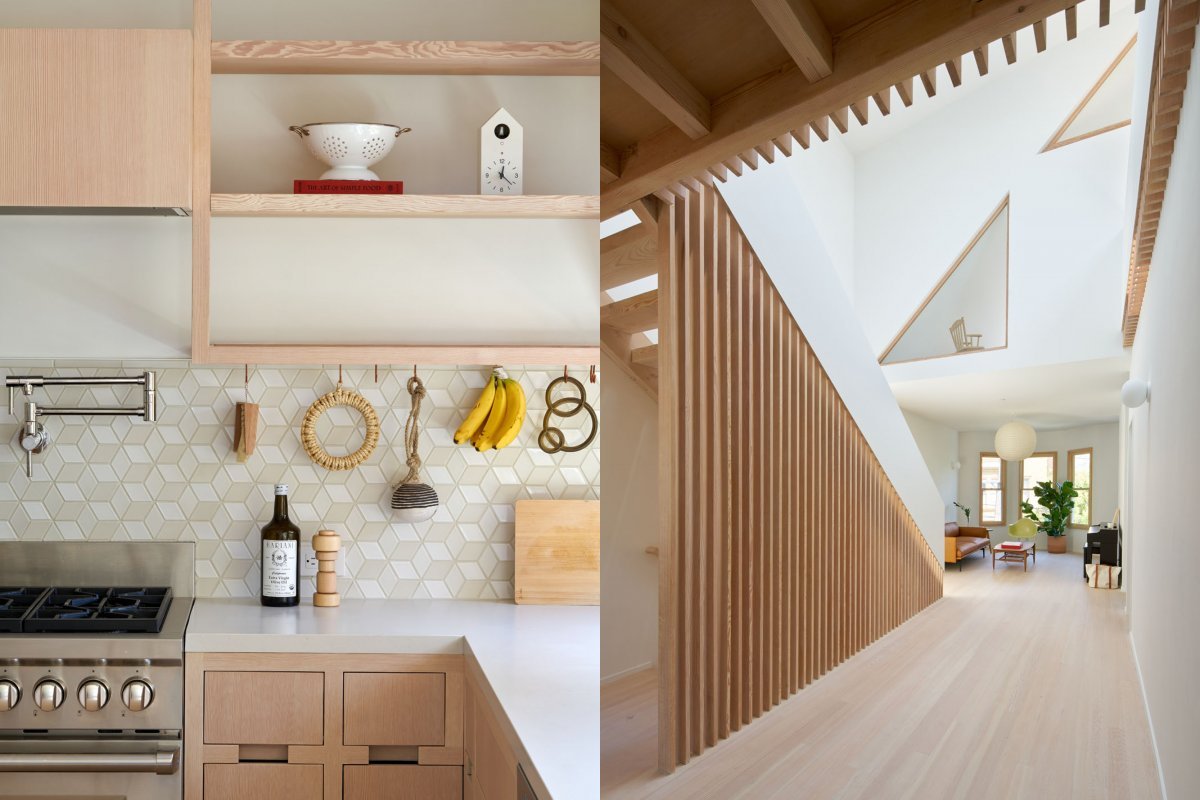 Split view of modern interior showcasing a kitchen with light wood cabinets and geometric tile backsplash on the left, and a bright hallway with wooden slat wall and staircase on the right.