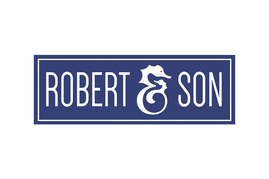 Logo for Robert & Son with stylized ampersand and a stylized bird or dog silhouette in the center, blue background, white border.