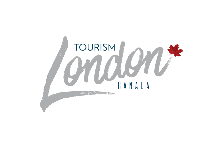 Tourism London Canada logo with the word 'London' in gray, 'Tourism' in blue above it, 'Canada' in blue below, and a red maple leaf at the top right.