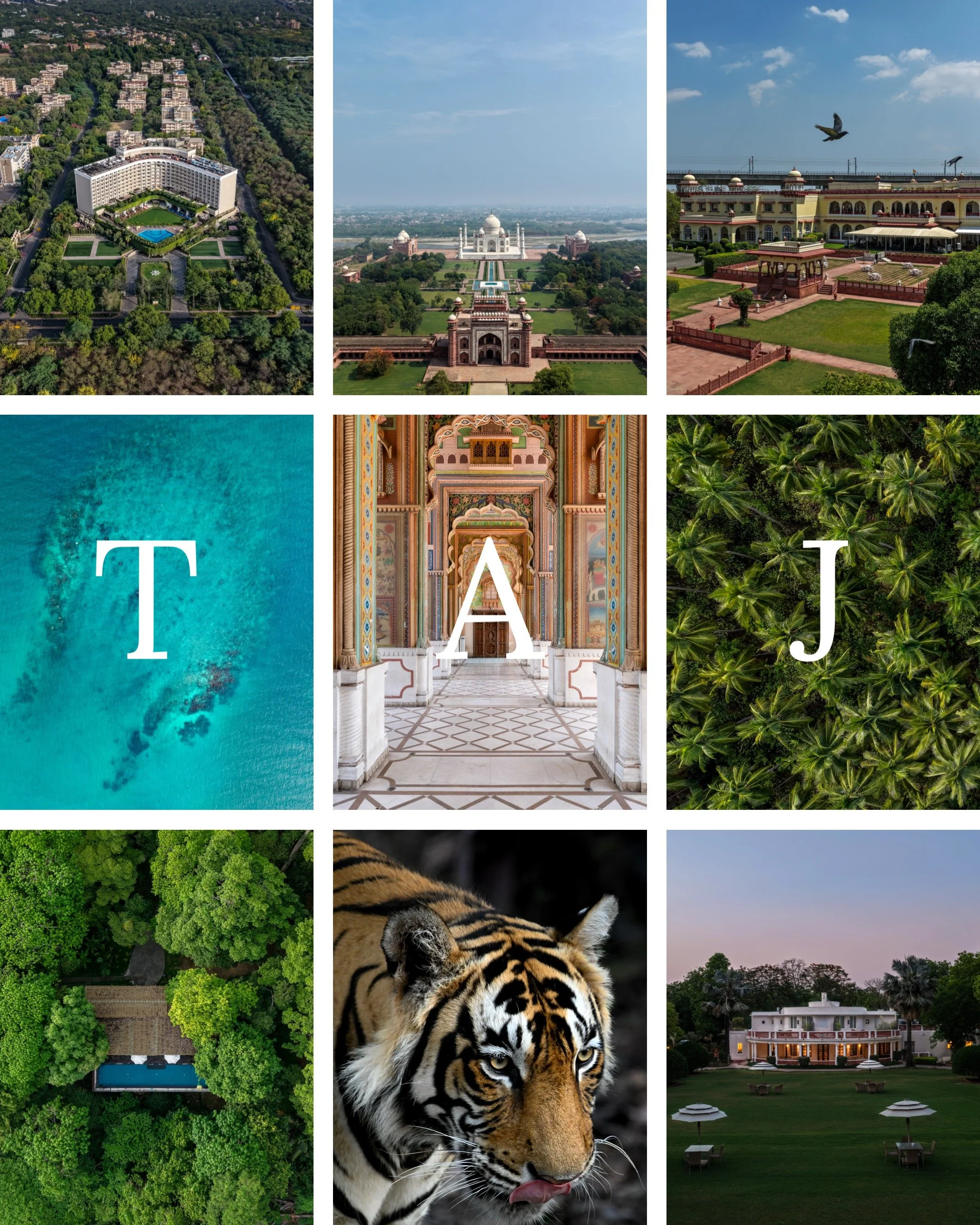 Collage of travel and architectural images including aerial views of buildings and landscapes, a close-up of a tiger, and some lush green forests with palm trees.