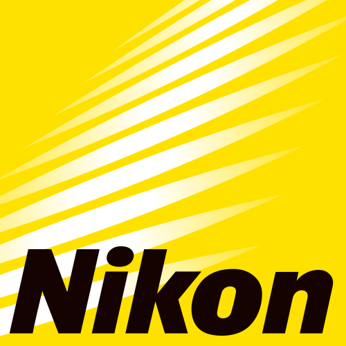 Nikon logo with yellow background and white diagonal lines.