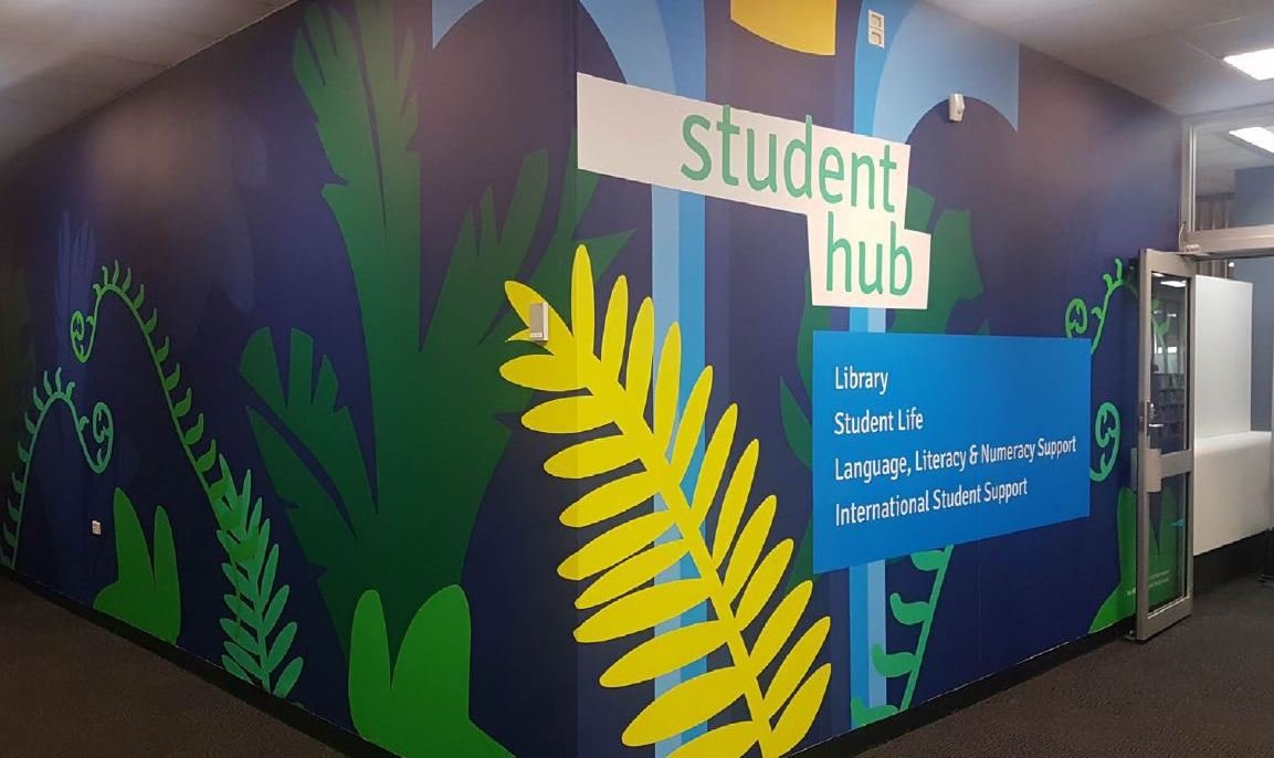 A custom waterfall mural design for Box Hill Institute branding.