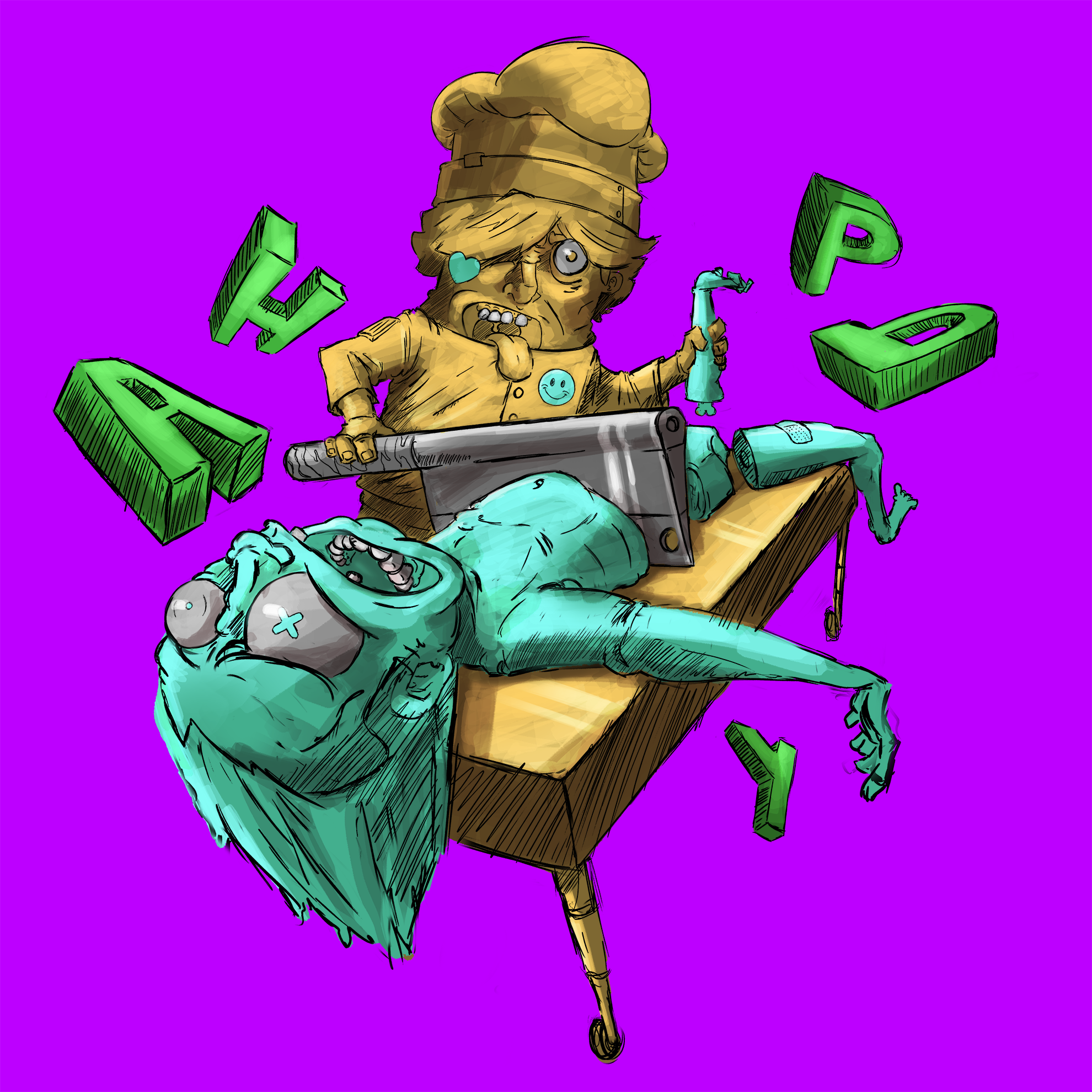 A cartoon zombie and a woman with a bun hairstyle sitting on a wooden desk. The woman is holding a saw and has a tongue sticking out. The zombie, wearing sunglasses, is lying on the desk with its head and one arm hanging off. letters spelling 'HAPPY'