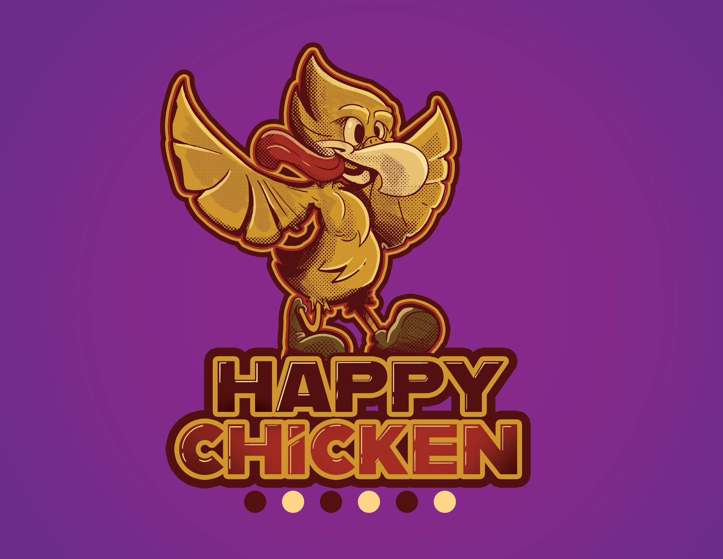 A cartoon chicken character with wings outstretched, standing above the text "HAPPY CHICKEN" on a purple background.