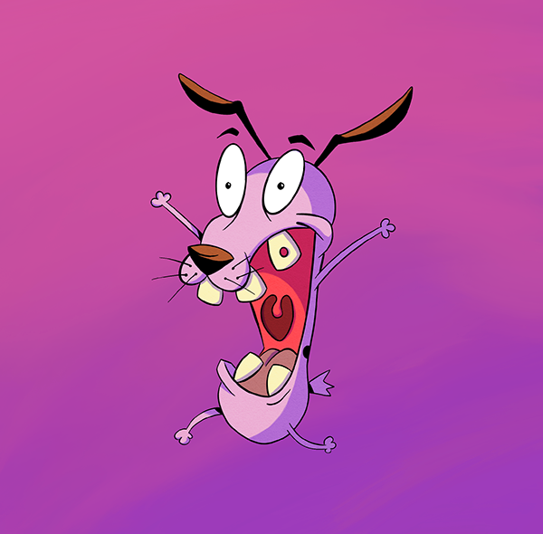 A cartoon dog character with purple fur, big eyes, and brown ears, excitedly jumping with its mouth open wide, showing teeth and a red tongue, against a pink and purple gradient background.