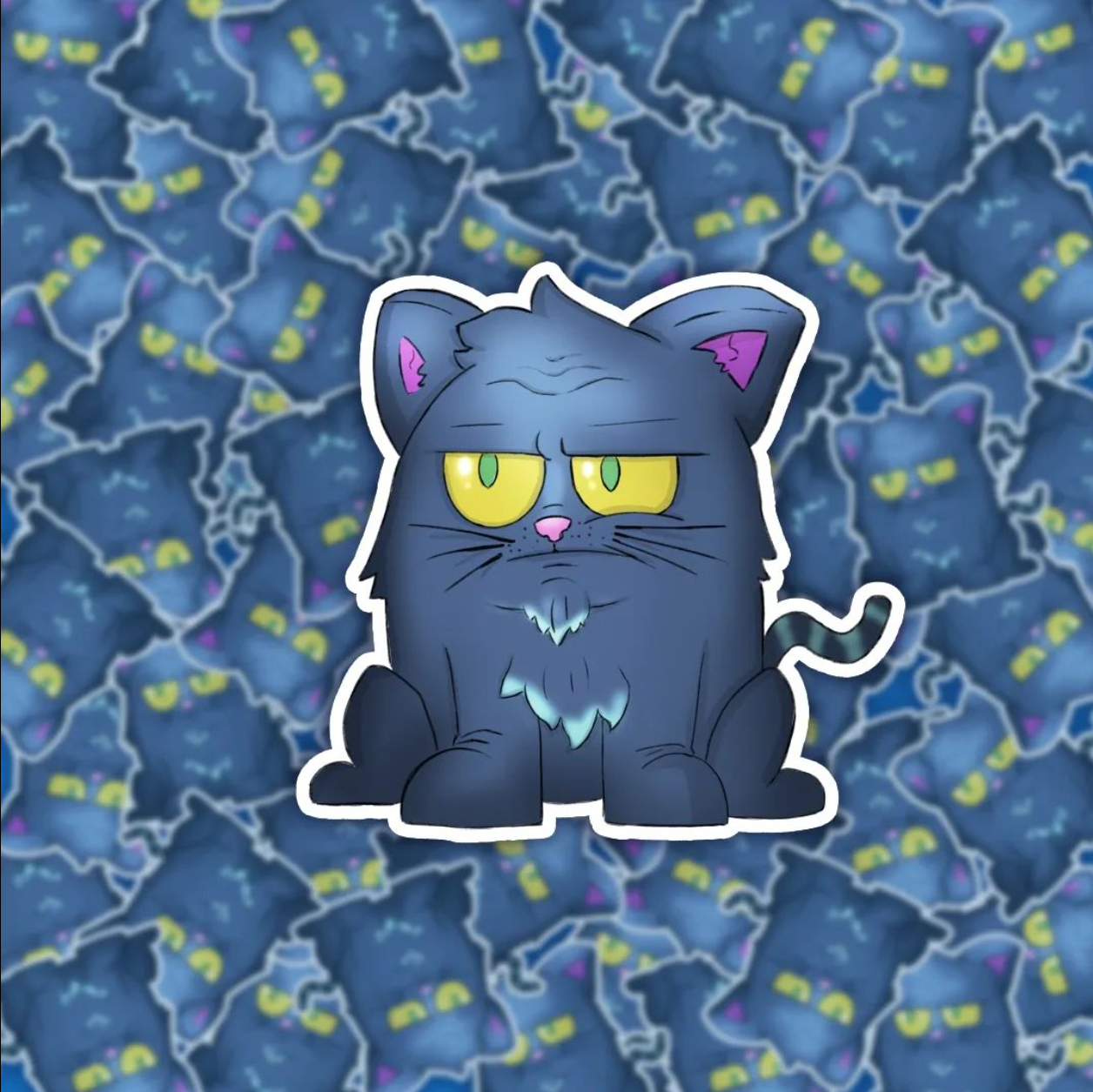 A cartoon of a gray cat with yellow eyes, purple inner ears, pink nose, and a small goatee, sitting in front of a background filled with many similar gray cats with yellow eyes and purple ears.