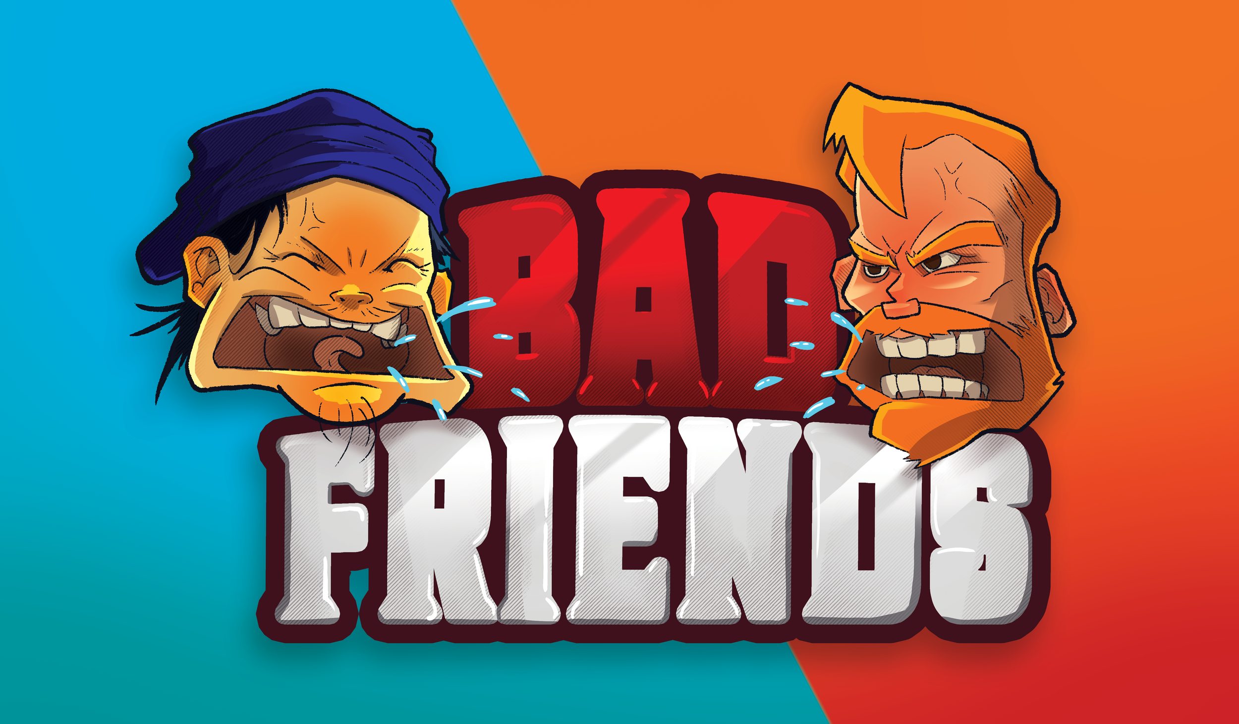 Cartoon illustration of two angry men with tears, facing each other, with the bold text 'BAD FRIENDS' in the middle, split between a blue and orange background.