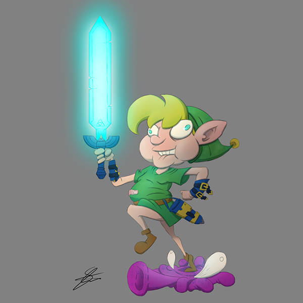 Cartoon depiction of Link from the Legend of Zelda with exaggerated features, holding a glowing blue sword, standing on top of a defeated purple creature, with a gray background.