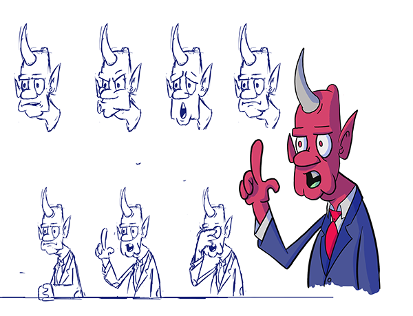 A series of facial expression sketches and a colored cartoon devil character in a suit with glasses, pointing upward.