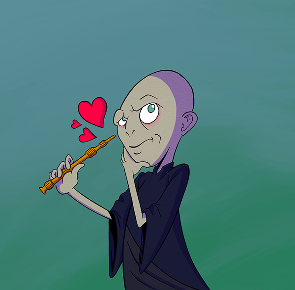 A cartoon character with a bald head, posed with a playful expression, holding a colorful toy syringe and surrounded by hearts.