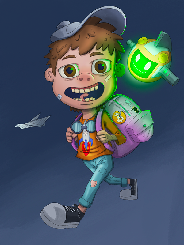 Cartoon boy with a backpack, wearing a hat and ripped jeans, walking happily with a floating green robot and a paper airplane in a dark background.