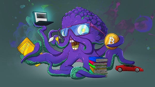 A purple octopus with glasses holding various items including a gold bar, a Bitcoin, a stack of books, a red sports car, and a laptop, set against a colorful abstract background.