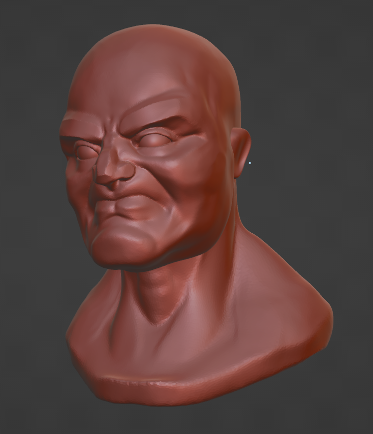 Digital sculpture of an elderly man with a stern facial expression, bald head, and muscular neck, rendered in reddish-brown material.