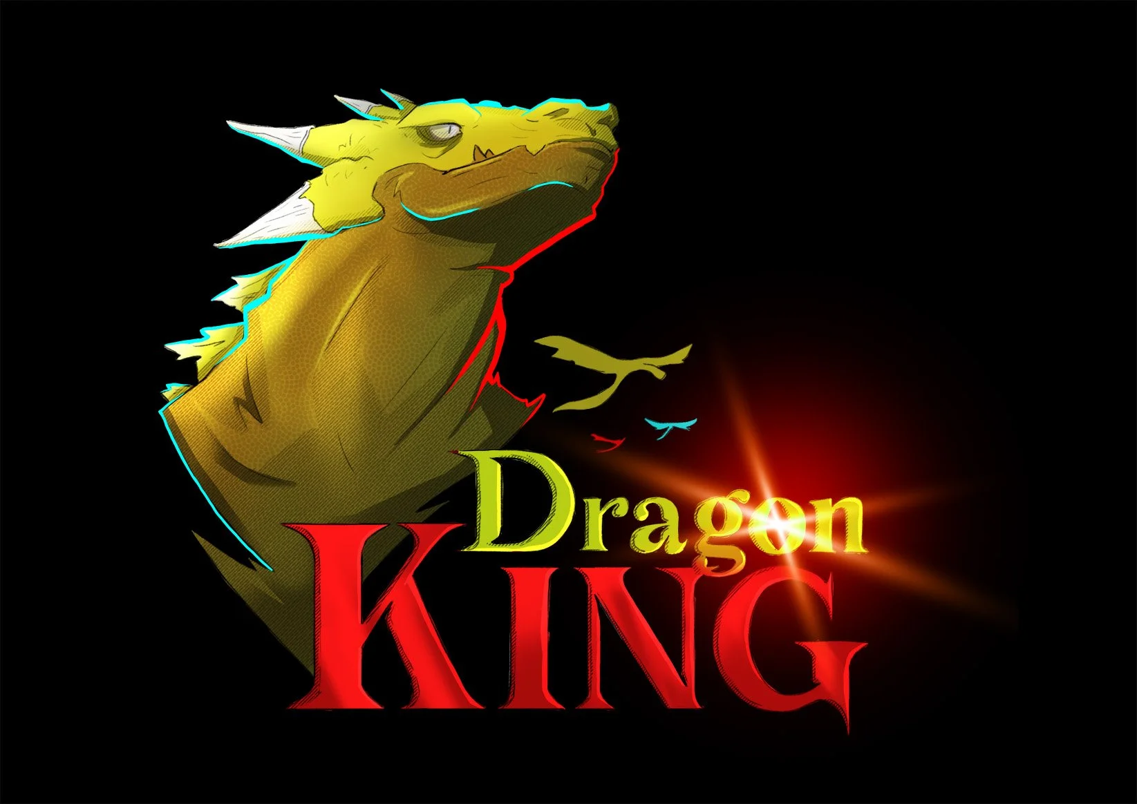 Fictional illustration of a yellow and brown dragon head with white horns, flying near the text 'Dragon KING' on a black background, with glowing effects and smaller flying dragon silhouettes.