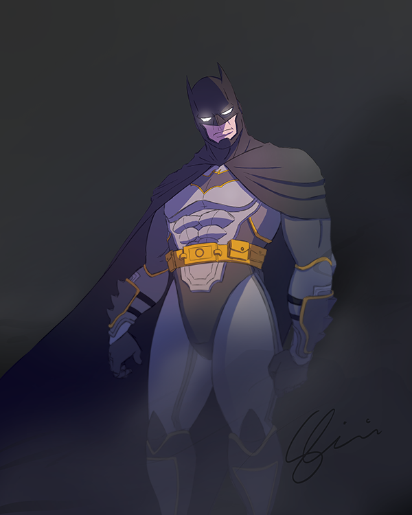 Illustration of Batman in a dark atmosphere, wearing a gray and black suit with yellow accents and a cape, with glowing eyes.