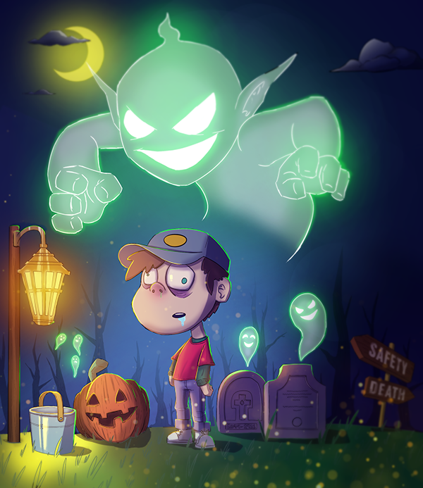 A cartoon boy stands in a spooky graveyard at night with a surprised expression. Behind him, a large, glowing green ghost with a mischievous face appears and points forward. The scene features a carved pumpkin, some smaller glowing ghosts, a lamppost