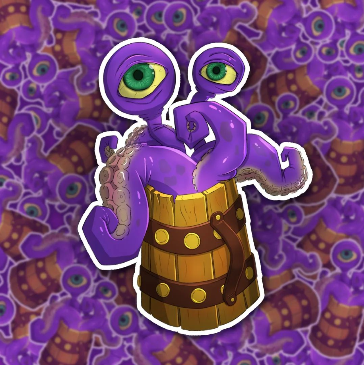 Cartoon purple octopus with two large green eyes, wearing a wooden barrel with a leather strap.