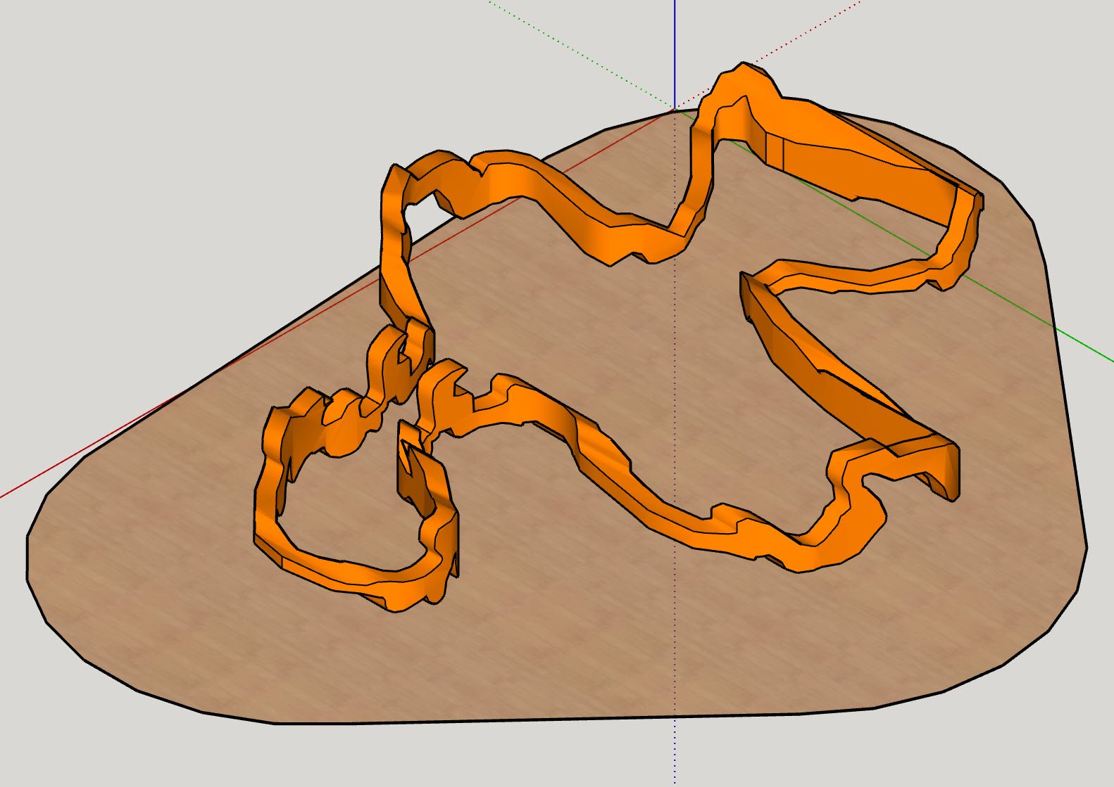 This experiment began in 2008 by using SketchUp’s freeform pencil tool to create a thin, continuous shape without right angles. I traced two random profile lines and extruded them from each side—top and bottom—leaving behind the ribbon-like form.
