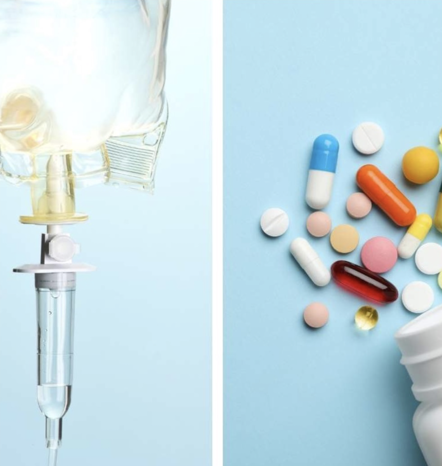 Left side: a syringe filled with clear liquid, positioned beneath a glass container with a fluid. Right side: assorted pills and capsules scattered on a blue background, with a white pill bottle tipped over.