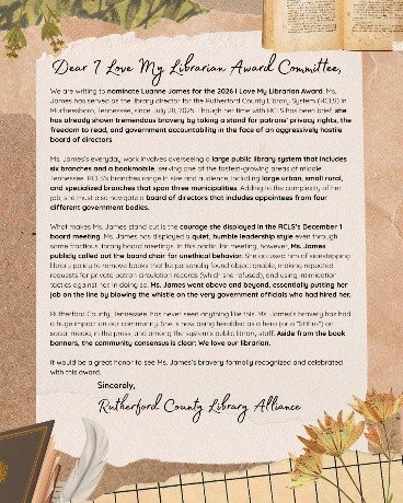 Luanne James was nominated for the “I Love My Librarian” 2026 award by 179 individuals and organizations, including the Rutherford County Democrat Party, Murfreesboro Indivisible, Rutherford County Library Alliance, and multiple former and current RC