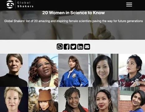 Collage of ten women scientists from diverse backgrounds featured on a webpage titled '20 Women in Science to Know' by Global Shakers featuring Merritt Moore.