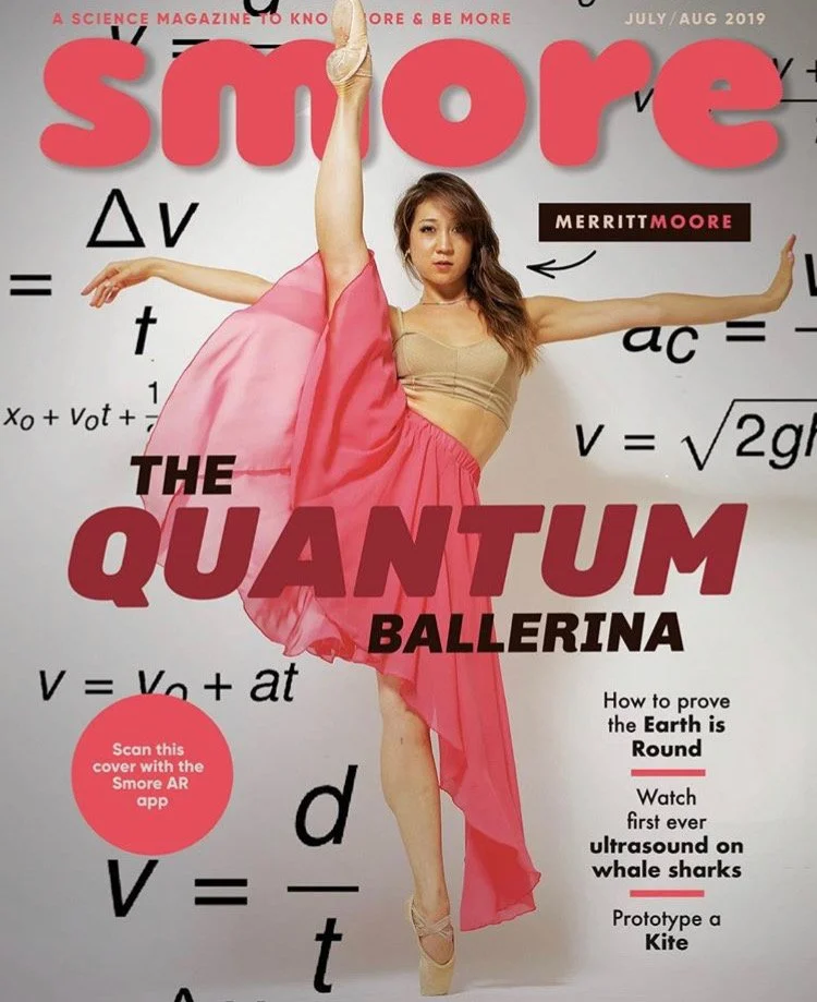 Cover of Smore magazine, July/August 2019, featuring Merritt Moore a ballet dancer in a pink skirt and beige leotard, with the headlines 'The Quantum Ballerina'