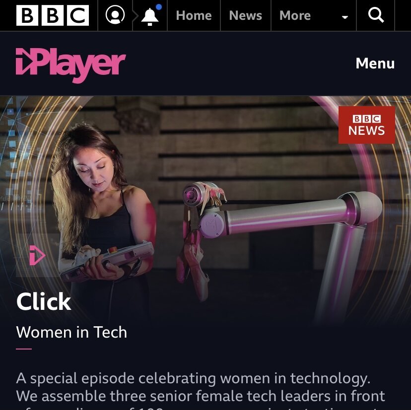Screenshot of BBC News webpage featuring a Merritt Moore operating a robotic arm in a technology setting, with the headline 'Click' and the subheader 'Women in Tech'.