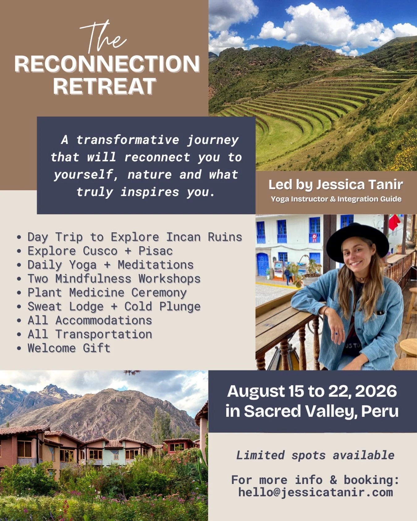 Join me for The Reconnection Retreat in the Sacred Valley of Peru this August 🇵🇪⛰️

This retreat is a perfect blend of adventure, culture, relaxation, and reflection that will leave you feeling rejuvenated, inspired, and ready to return home with a