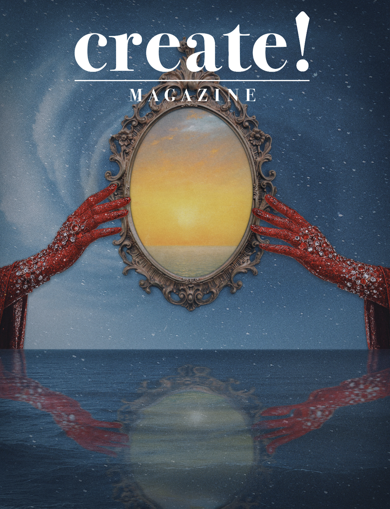 A mirror reflecting a sunset over the ocean, held by two people wearing red, bejeweled gloves, with a starry sky background and water reflection below.