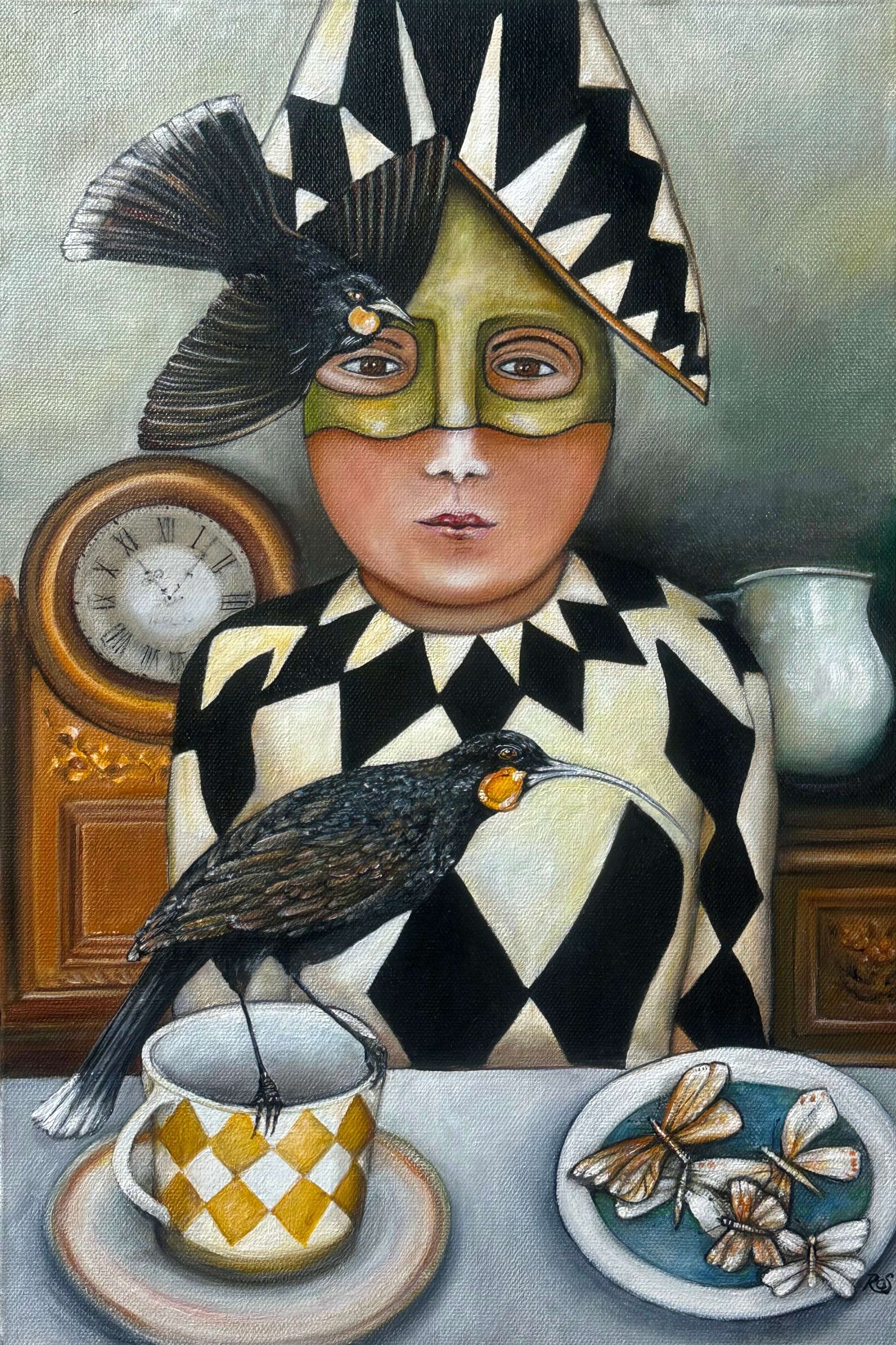 Harlequin_with_Huias_and_moths.jpeg