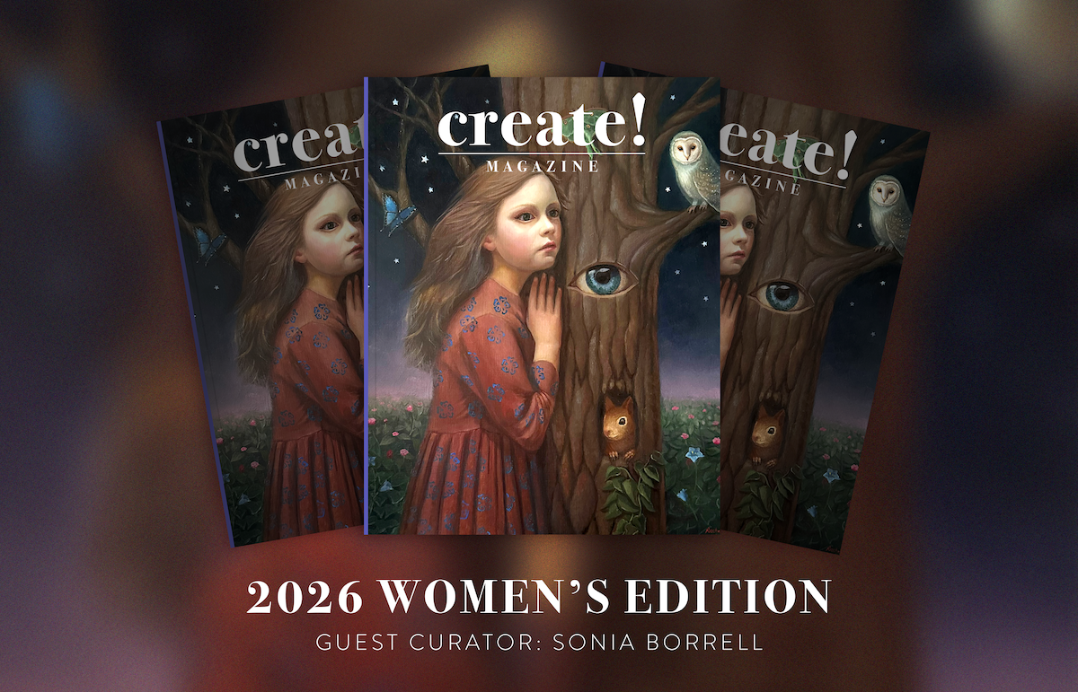 Cover image of Create! Magazine 2026 Women's Edition featuring an illustration of a young girl with long brown hair in a floral dress, touching a tree with an eye and a small animal at its base, with an owl and butterfly in the dark night sky background.