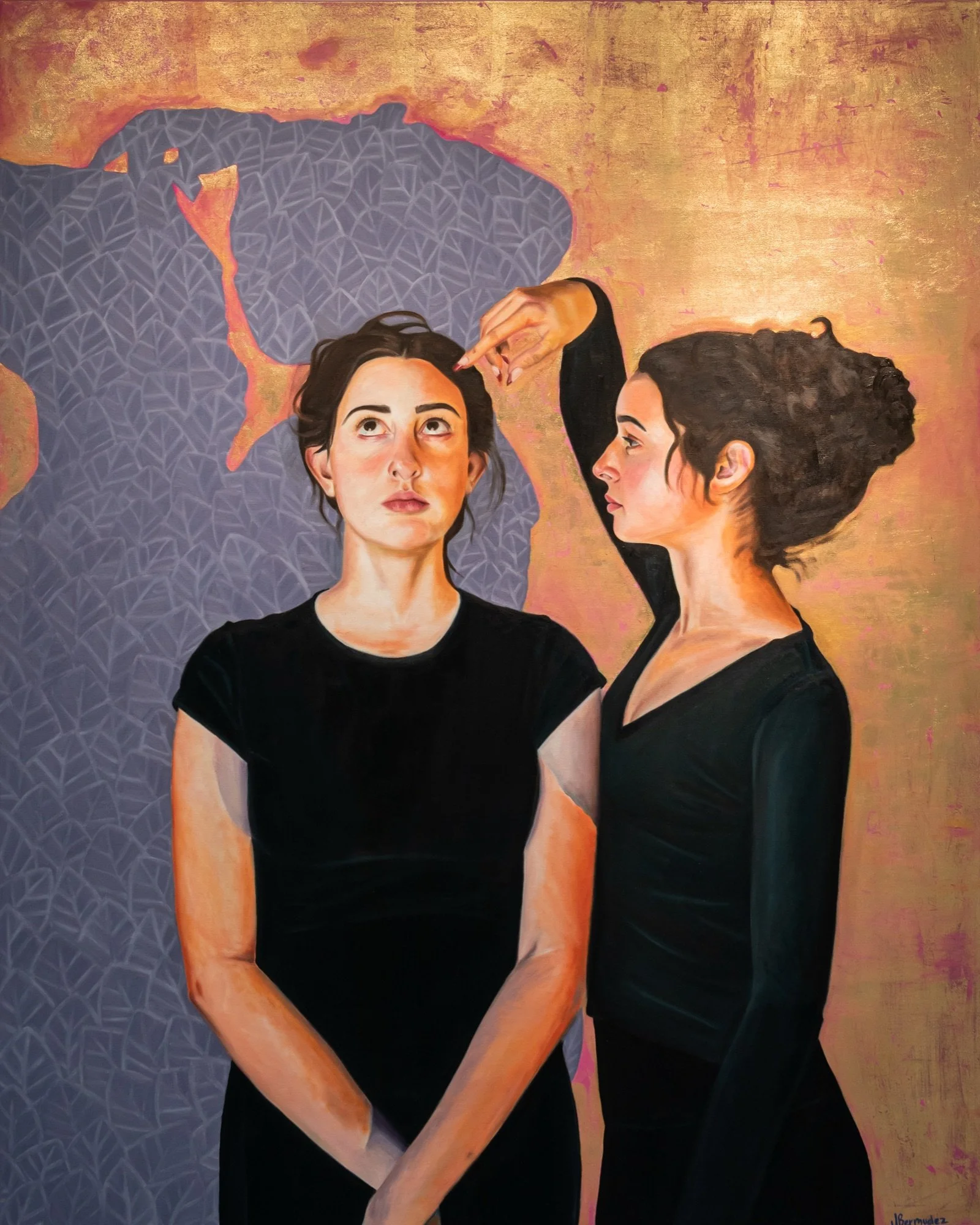 Oil painting by Jacqueline Bermudez of two women in black against a gold leaf and lavender leaf-patterned background