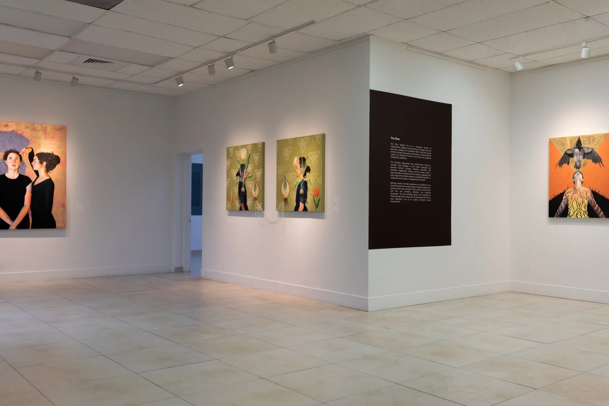 Gallery view of Jacqueline Bermudez's solo exhibition in Miami with large oil paintings and wall text on white walls