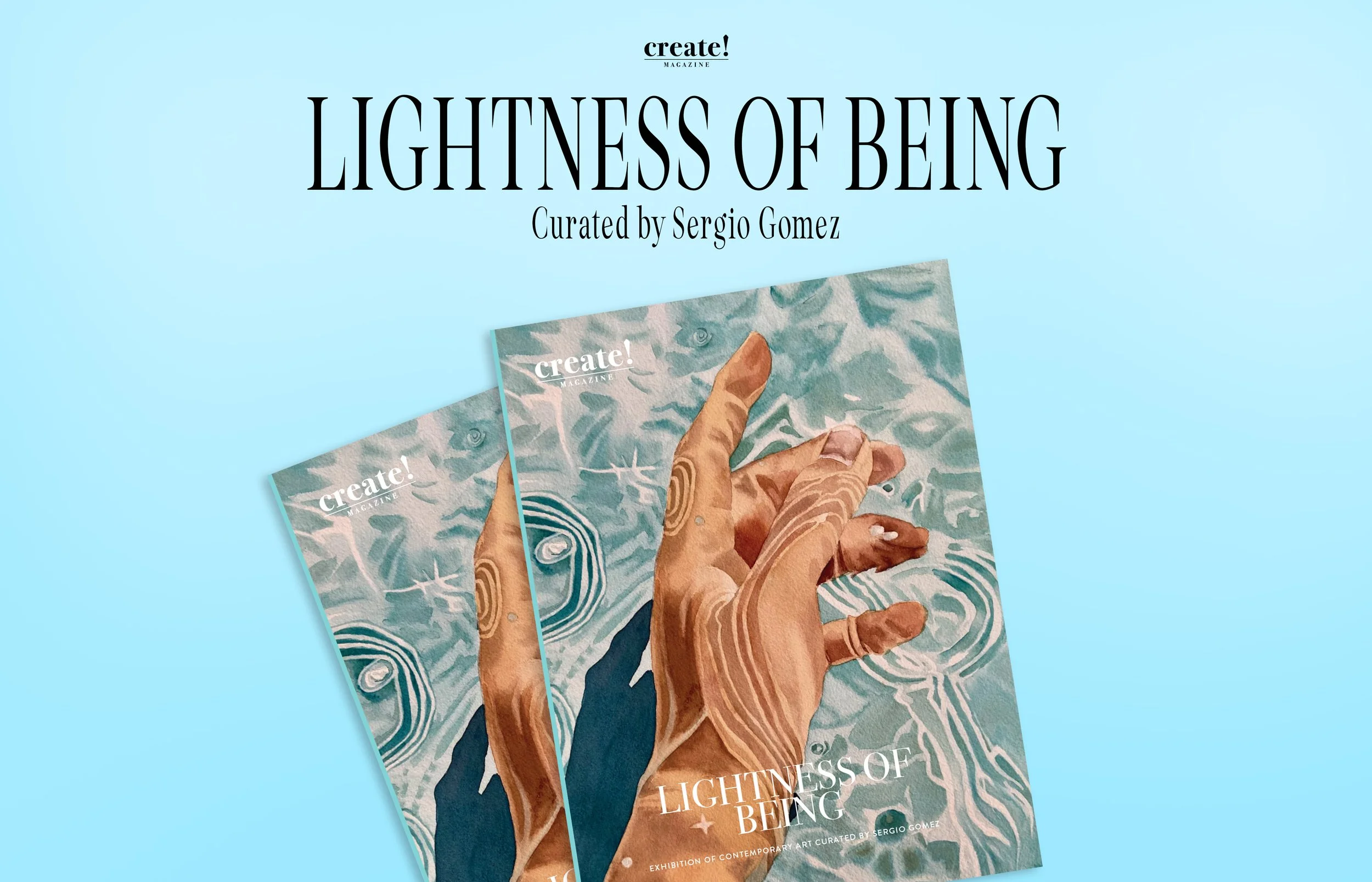 Two magazines titled "Lightness of Being" with artistic illustrations of a hand reaching out over water ripples on a light blue background.