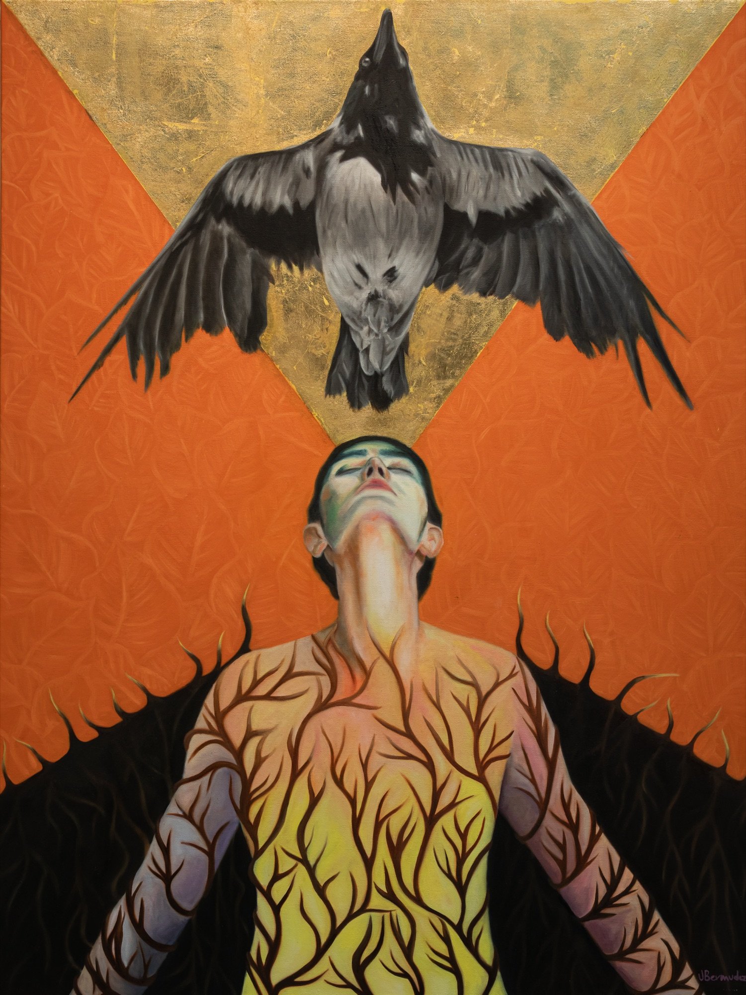 Oil painting by Jacqueline Bermudez of a figure with branch patterns on the body beneath a crow, on orange and gold leaf