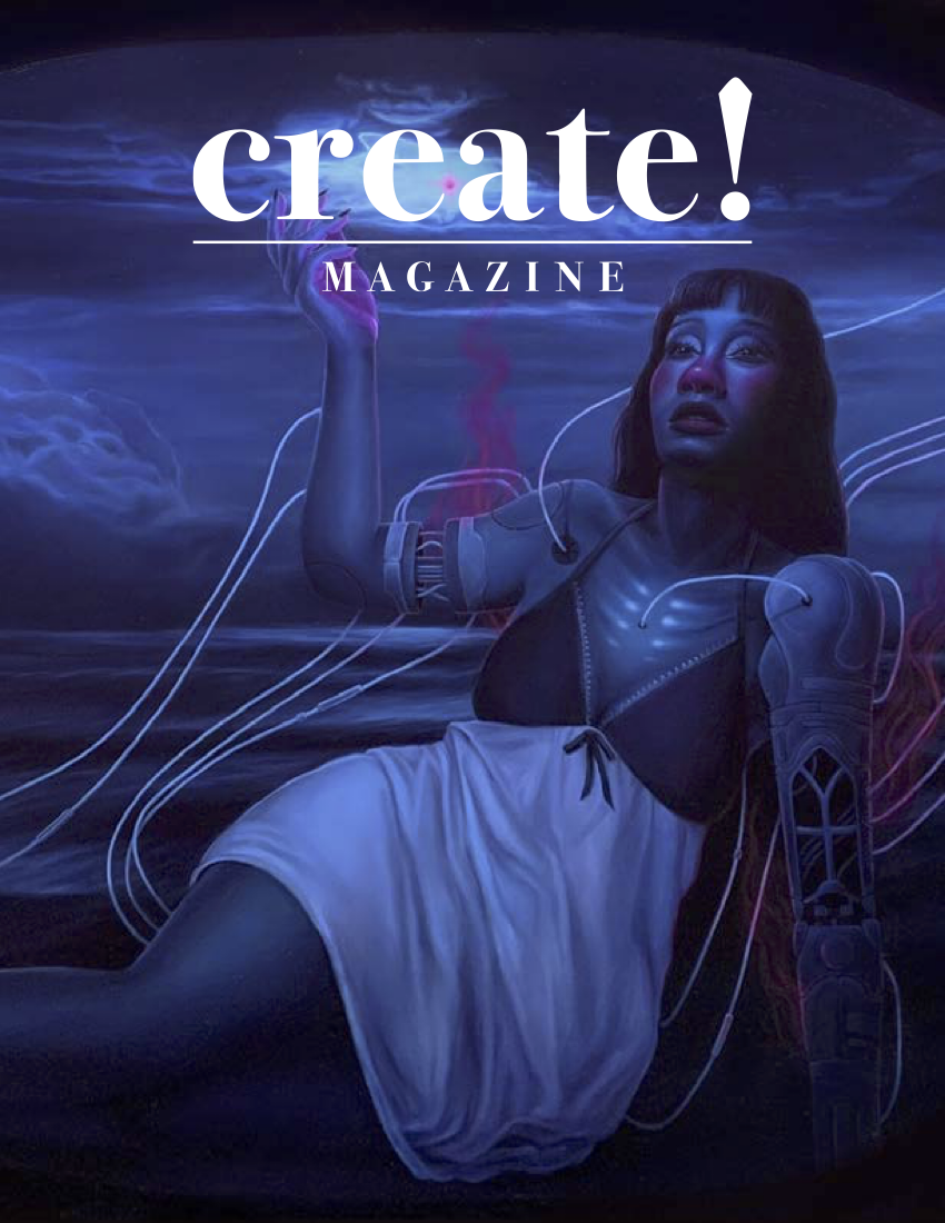 A magazine cover titled "create! MAGAZINE," featuring a futuristic, cyberpunk-style woman with a robotic arm, dark hairstyle, and glowing accents, set against a dark, abstract background with neon light effects.