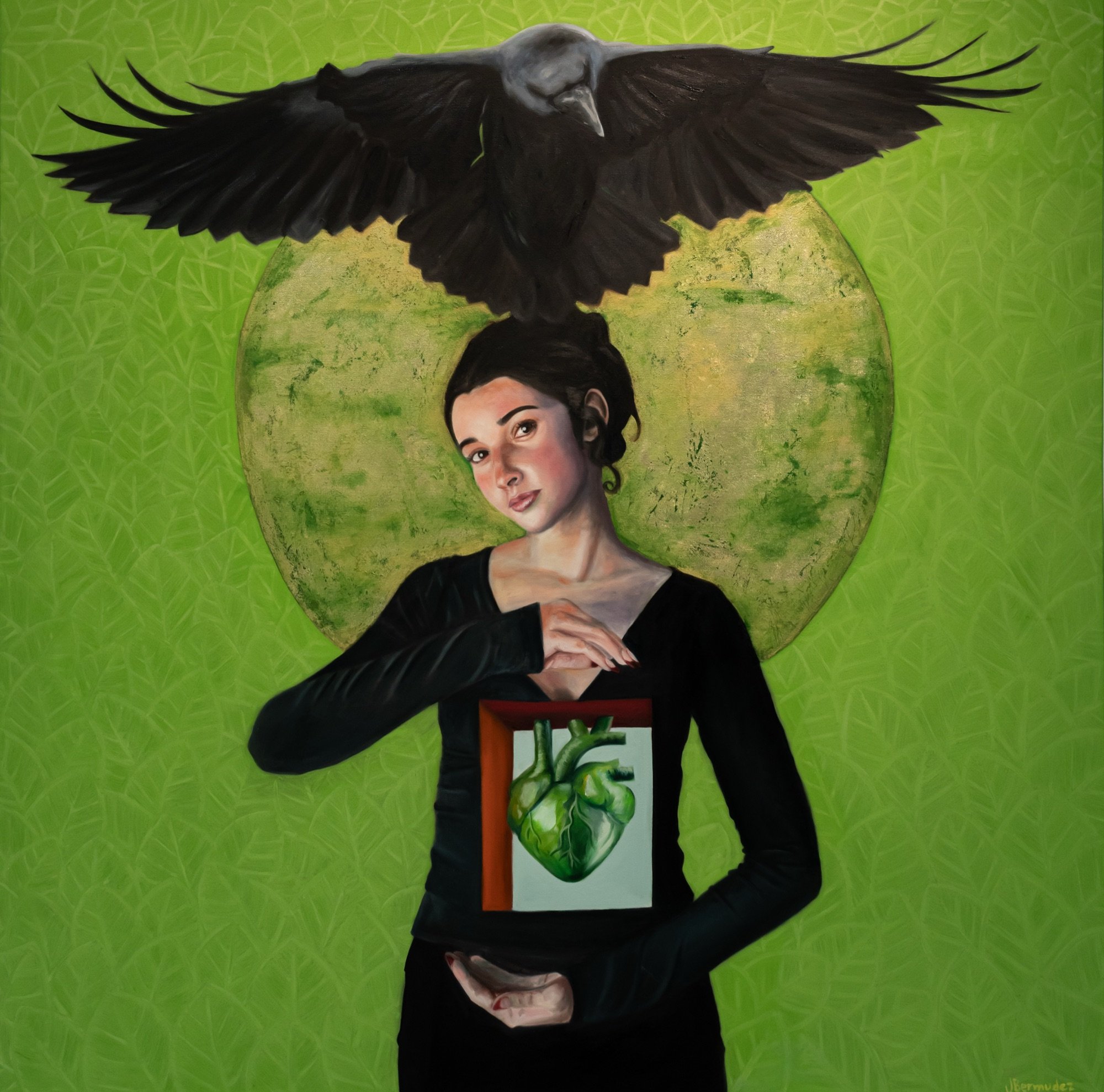 Oil painting by Jacqueline Bermudez of a woman with a crow above her head and an anatomical green heart on a vivid green leaf-patterned background