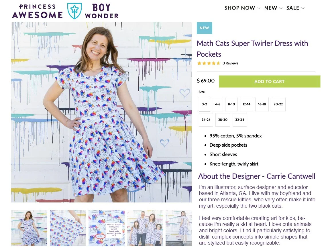 Carrie Cantwell's Math Cats pattern on a Princess Awesome twirl dress