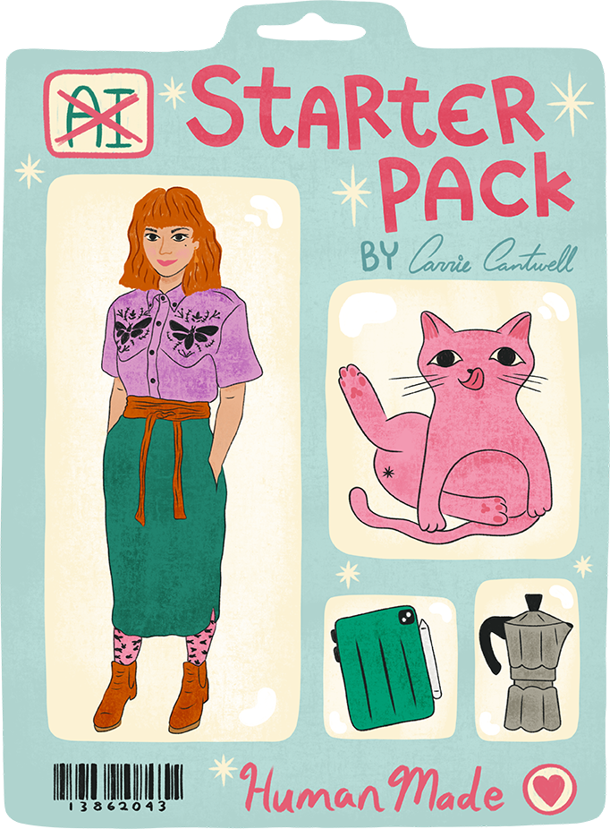 Carrie Cantwell's illustrated Human Made Starter Pack showing her with a pink cat, a tablet and a coffee maker
