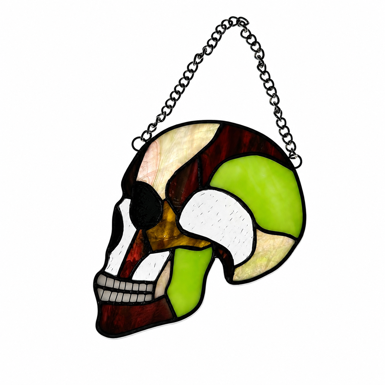 Stained glass skull in garden colors