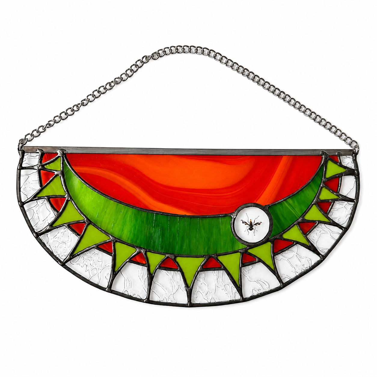 venus flytrap stained glass half circle featuring a preserved picture-winged fly