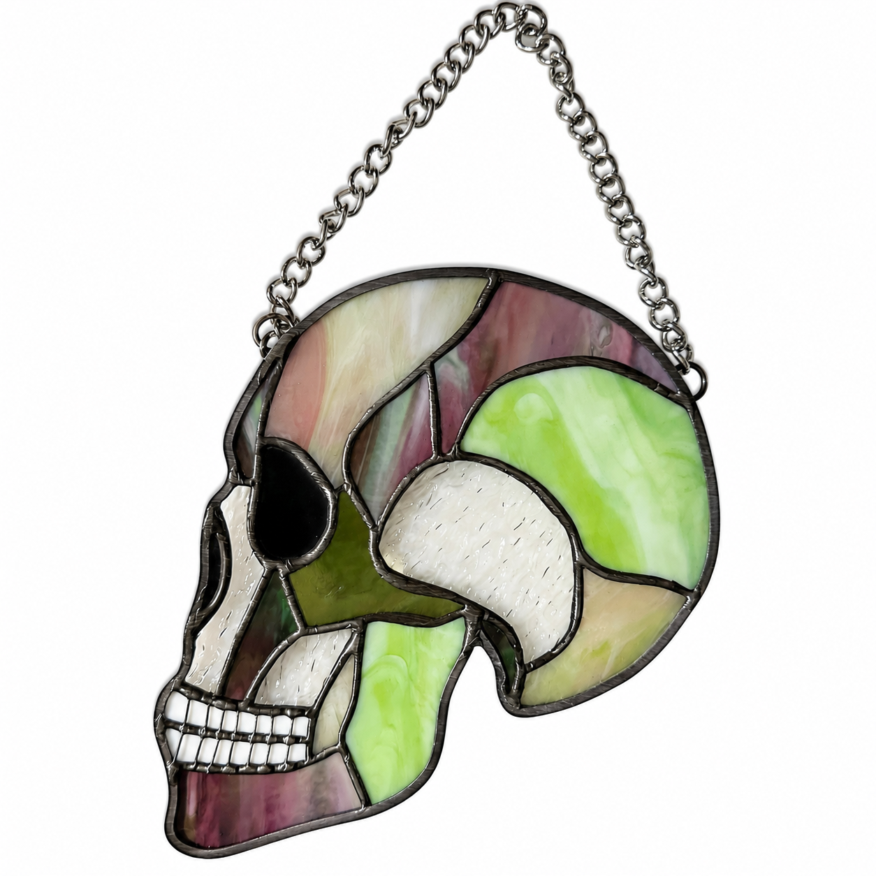 Stain glass skull in garden colors