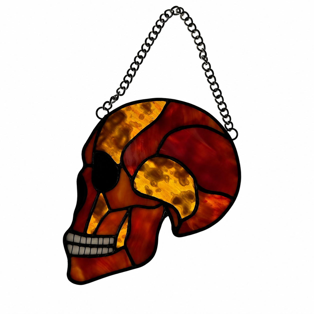 Red mottled skull stained glass