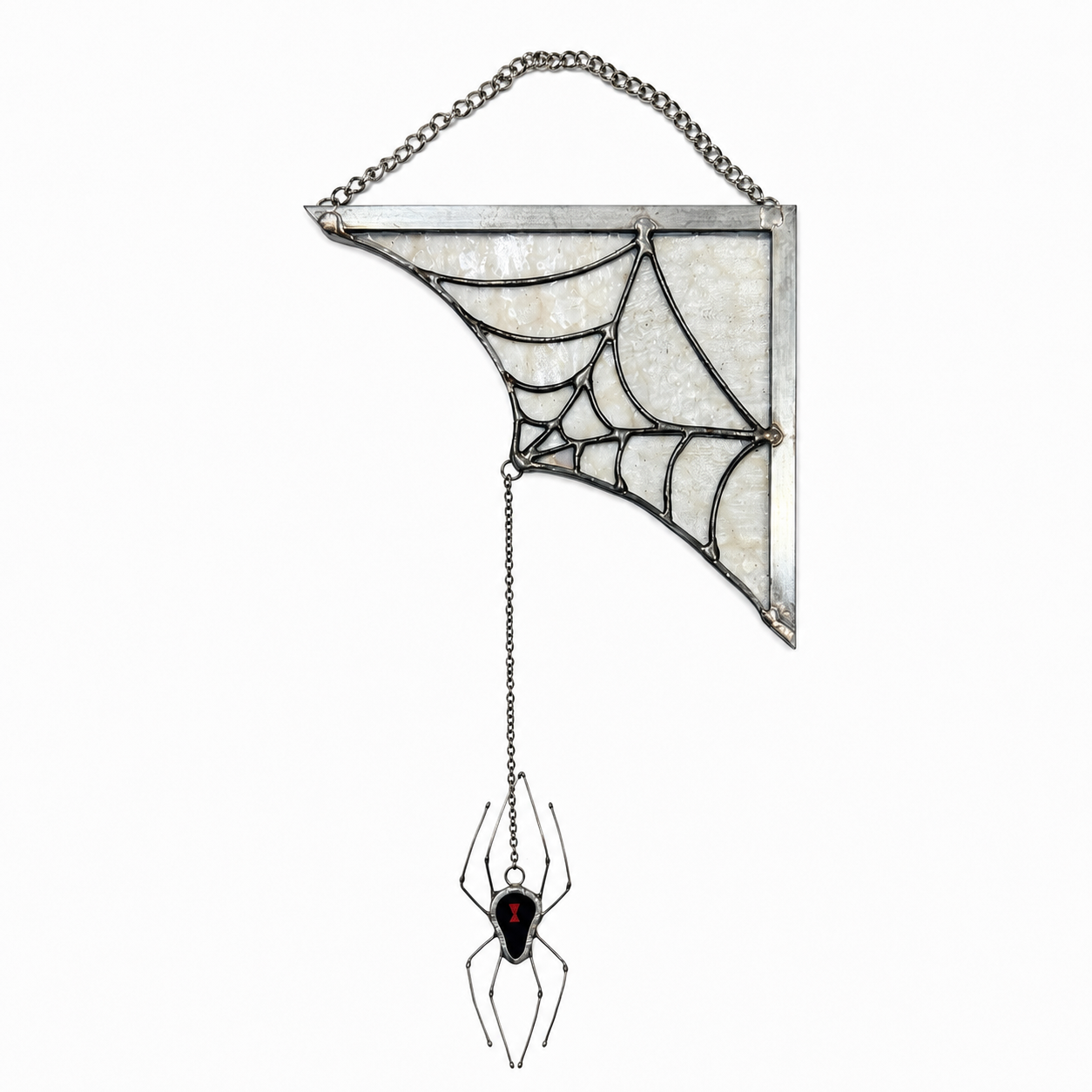 Stained glass black widow spider on a spider corner frame