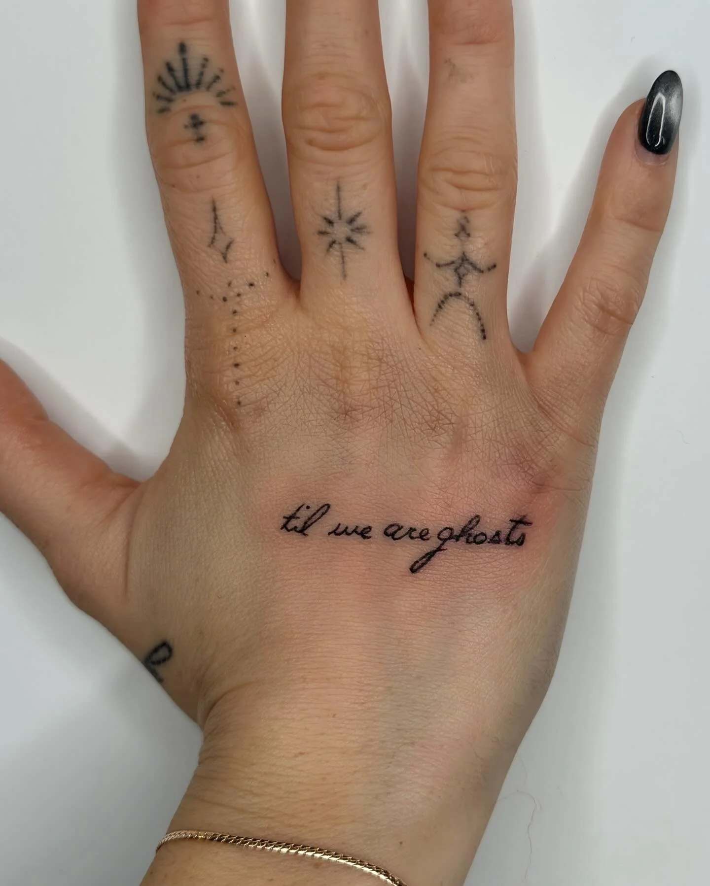 ✒️👻 by @saintshivs 

This delicate script tattoo by our in-house Saint has us remembering the whispers of Valentines Day💗

Neotraditional, fine line, and script - Shivs lives in the world of black and grey🐼🐨🐺 Use the link in our bio or reach out